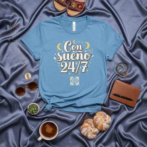 Con Sueño 24/7 T-Shirt: Funny Spanish Sleepy Tee with Moons, Stars, and Cute Design, Unisex Sleep Lover Gift Idea for Him or Her. Mexicada