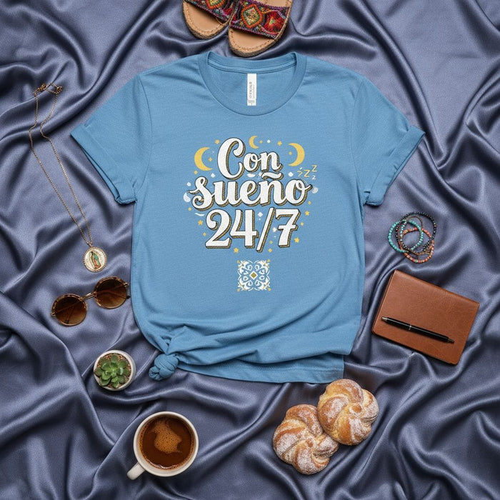 Con Sueño 24/7 T-Shirt: Funny Spanish Sleepy Tee with Moons, Stars, and Cute Design, Unisex Sleep Lover Gift Idea for Him or Her. Mexicada