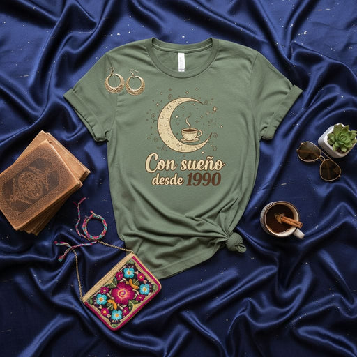 Con sueño desde 1990 T-Shirt, Spanish Moon Coffee Sleeper Tee, Napping Lover Shirt, Funny Birthday Gift for People Born in 1990, Unisex Olive Green Graphic Shirt for Coffee Addict Mexicada