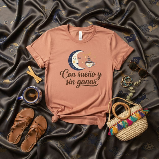 Con sueño y sin ganas T-Shirt, Celestial Spanish Quote Shirt, Moon Coffee Design Tee, Tired and Unmotivated, Funny Latina Gift, Unisex Graphic Top Mexicada