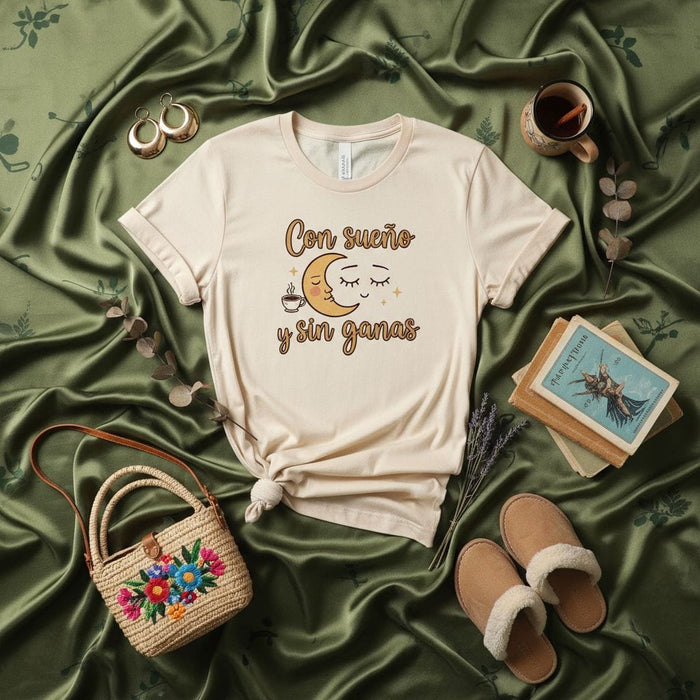 Con sueño y sin ganas T-Shirt, Funny Spanish Quote Tee, Sleepy But Motivated, Cute Moon and Coffee Graphic Shirt, Latinx Latina Apparel, Hispanic Gift Idea, Unisex Softstyle Casual Wear Mexicada