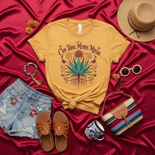 Con Todo Menos Miedo Agave Plant Unisex T-Shirt, Mexican Floral Design Tee, Empowering Spanish Quote Shirt, Comfortable Cotton Graphic Top Mexicada