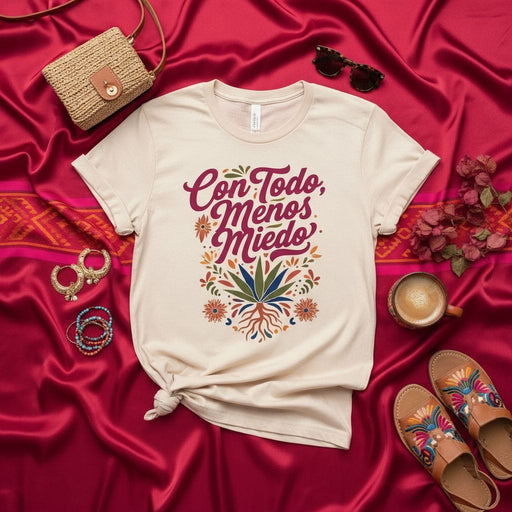 Con Todo Menos Miedo Spanish Quote T-Shirt, Mexican Fiesta Shirt, Beige Unisex Tee, Floral Roots Design, Hispanic Heritage Gift Mexicada
