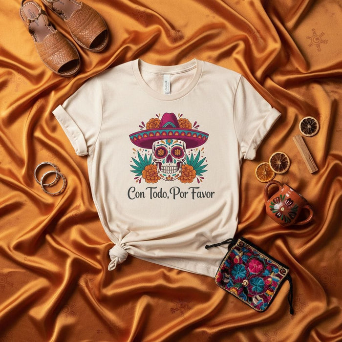 Con Todo, Por Favor Day of the Dead Sugar Skull Sombrero T-Shirt, Día de Muertos Floral Graphic Tee, Mexican Culture Celebration Unisex Shirt, Festive Holiday Apparel Mexicada