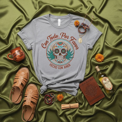 Con Todo Por Favor Hecho Con Amor Sugar Skull T-Shirt Unisex Day of the Dead Tee Hispanic Heritage Mexican Fiesta Graphic Shirt Spanglish Boho Style Summer Top Mexicada