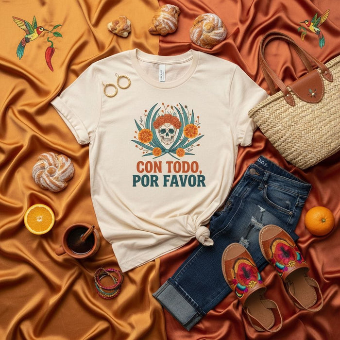 Con Todo Por Favor Sugar Skull Day of the Dead Shirt, Unisex Tee, Mexican Fiesta Top, Dia de los Muertos T-Shirt, Floral Calavera Graphic, Spanish Quote Clothing Mexicada