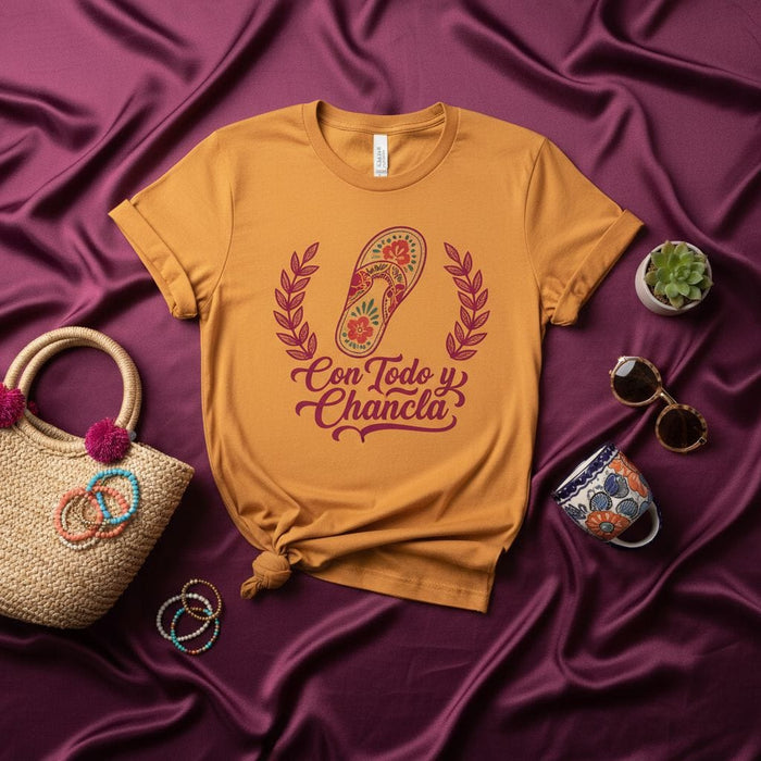 Con Todo y Chancla Shirt, Funny Latina Mom T-Shirt, Mexican Chancla Flip Flop Graphic Tee, Spanish Quote Unisex Gift for Mom, Cute Fiesta Style Top Mexicada