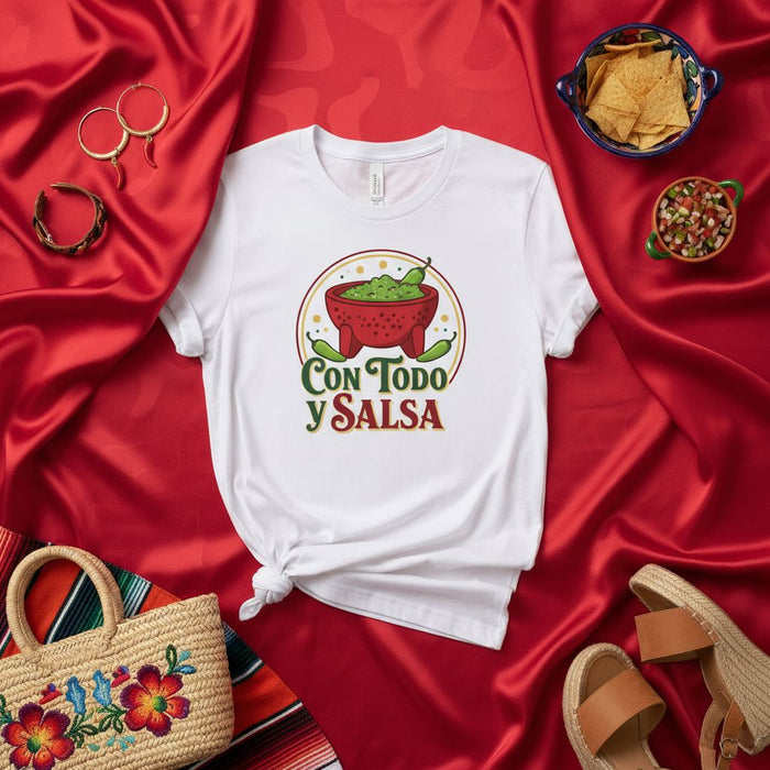 Con Todo y Salsa T-Shirt, Spanish Saying Tee, Funny Guacamole Bowl Design, Cinco de Mayo, Mexican Food Lover Gift, Unisex Graphic Shirt, Viva Fiesta Mexicada