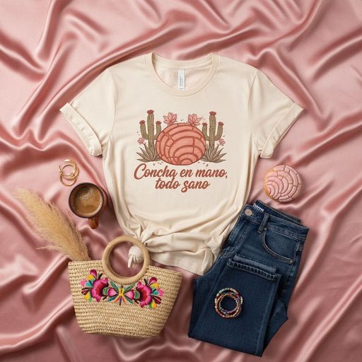 Concha en mano, todo sano T-Shirt, Pan Dulce Mexican Sweet Bread Shirt, Cute Concha & Cactus Graphic Tee, Hispanic Heritage Month Gift, Latina T-shirt, Foodie Shirt, Pastel Aesthetic Short Sleeve Top Mexicada
