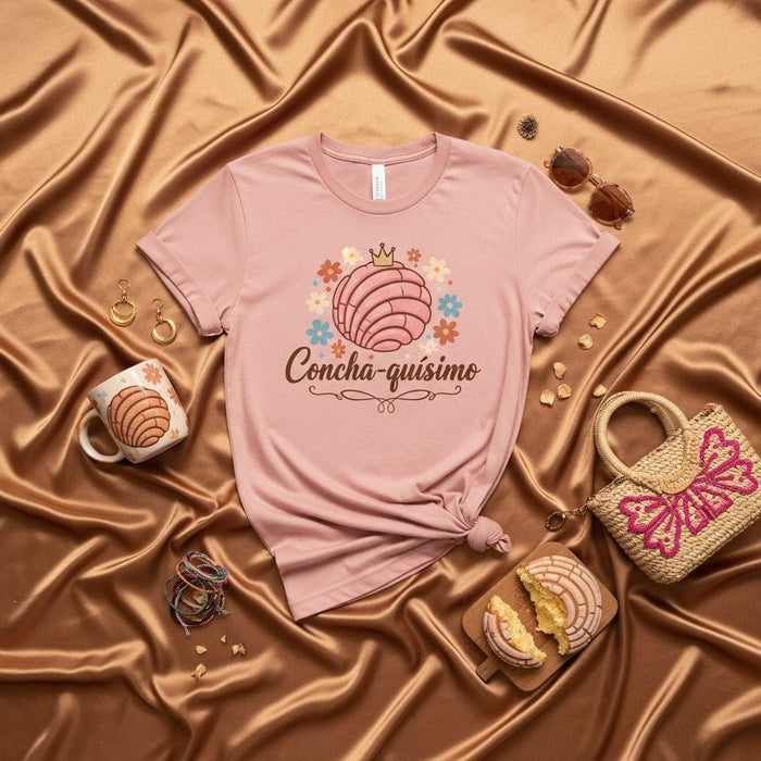 Conchá-quísimo Pan Dulce T-Shirt, Mexican Concha Bread Pun Shirt, Cute Latina Apparel, Floral Concha Lover Unisex Tee, Foodie Gift, Soft Pink Shirt Mexicada