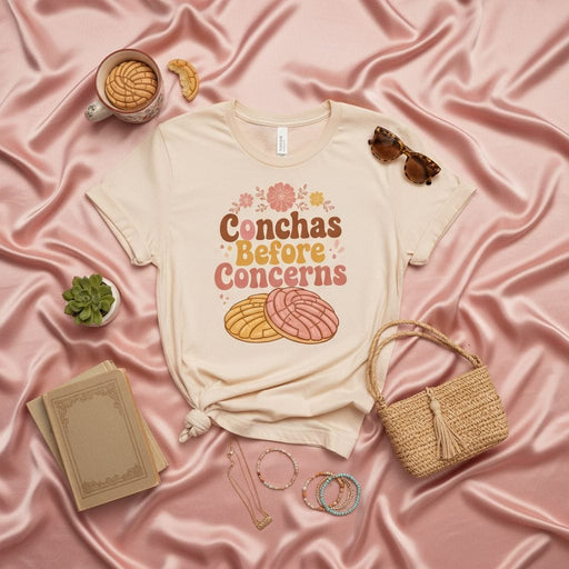 Conchas Before Concerns T-Shirt, Cute Mexican Pan Dulce Tee, Funny Hispanic Food Shirt, Retro Concha Bakery Gift, Unisex Sweet Bread Graphic Top Mexicada