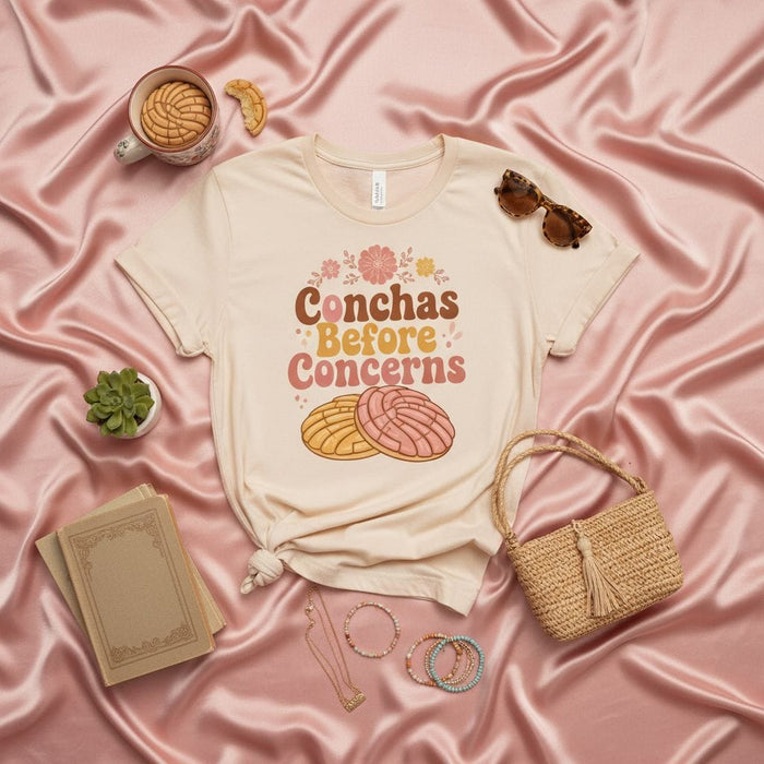 Conchas Before Concerns T-Shirt, Cute Mexican Pan Dulce Tee, Funny Hispanic Food Shirt, Retro Concha Bakery Gift, Unisex Sweet Bread Graphic Top Mexicada