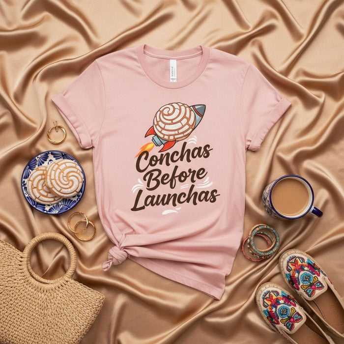 Conchas Before Launchas T-Shirt, Funny Hispanic Puns, Concha Rocket Ship Tee, Mexican Sweet Bread Lovers Shirt, Pan Dulce Baking Gift, Pastel Pink Unisex Top, Cute Foodie Apparel Mexicada