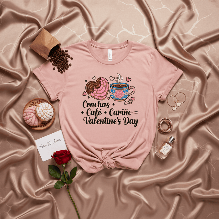 Conchas + Café + Cariño = Valentine's Day Shirt, Pink Sweetheart Fiesta T-Shirt, Mexican Pan Dulce Love Tee, Cute Valentine Gift for Her, Latinx Foodie Concha Coffee Apparel Mexicada