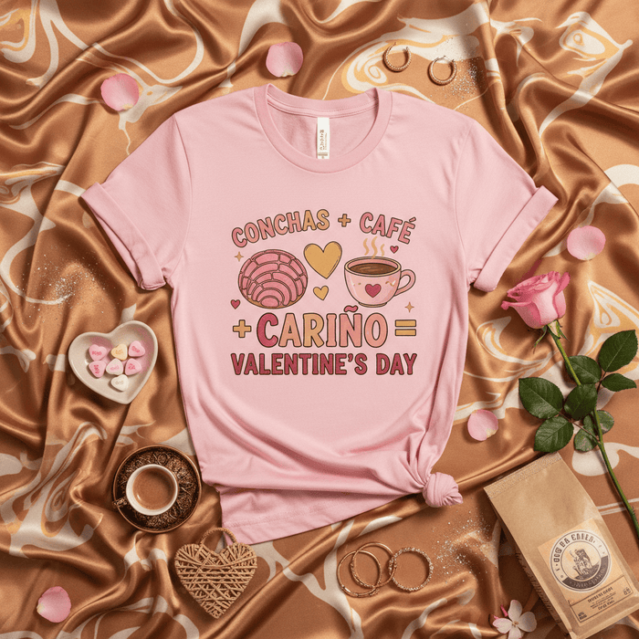 Conchas + Café + Cariño = Valentine's Day T-Shirt, Pastel Pink Concha and Coffee Lover Shirt, Cute Romantic Latinx Fiesta Tee, Hispanic Foodie Gift, Soft Style Unisex Top Mexicada