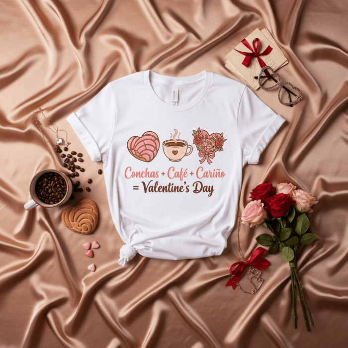 Conchas + Café + Cariño = Valentine's Day T-Shirt, Sweet Pan Dulce Coffee Love Gift for Her, Concha Graphic Tee, Latina Hispanic Valentine's Day Shirt, Unisex Valentines Apparel Mexicada