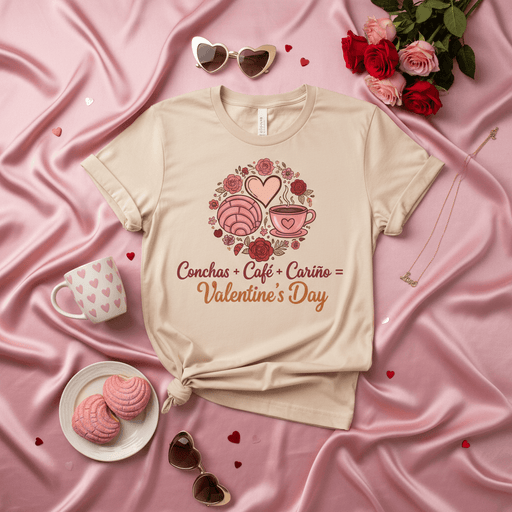 Conchas + Café + Cariño = Valentine's Day Unisex T-Shirt: Hispanic Love Shirt, Pan Dulce Concha Coffee Valentines Day Gift for Her, Pink Floral Design Tee Mexicada