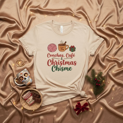 Conchas, Café & Christmas Chisme T-Shirt, Funny Mexican Christmas Shirt, Pan Dulce Hot Chocolate Gift, Latina Holiday Tee, Cozy Concha Shirt, Unisex Family Christmas Party Outfit Mexicada