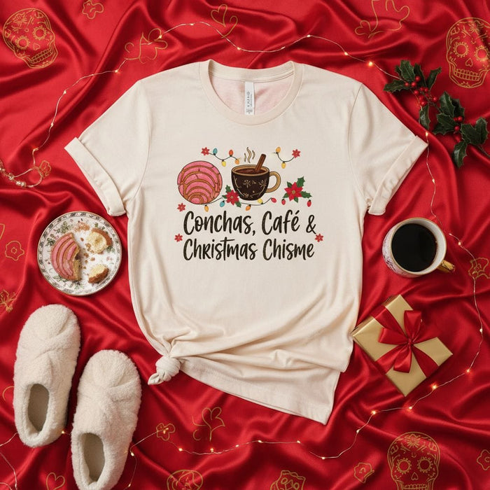 Conchas, Café & Christmas Chisme T-Shirt, Latinx Holiday Pan Dulce Coffee Tee, Cozy Christmas Outfit, Mexican Bread Concha Lovers Gift Idea Mexicada