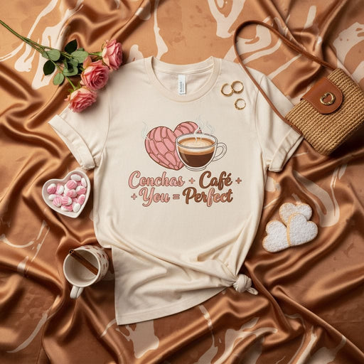 Conchas + Café + You = Perfect Shirt, Unisex Concha and Coffee Lover Tee, Cute Pink Heart Concha Bakery Pastry T-Shirt Gift for Hispanic Mexican Food Lovers Mexicada