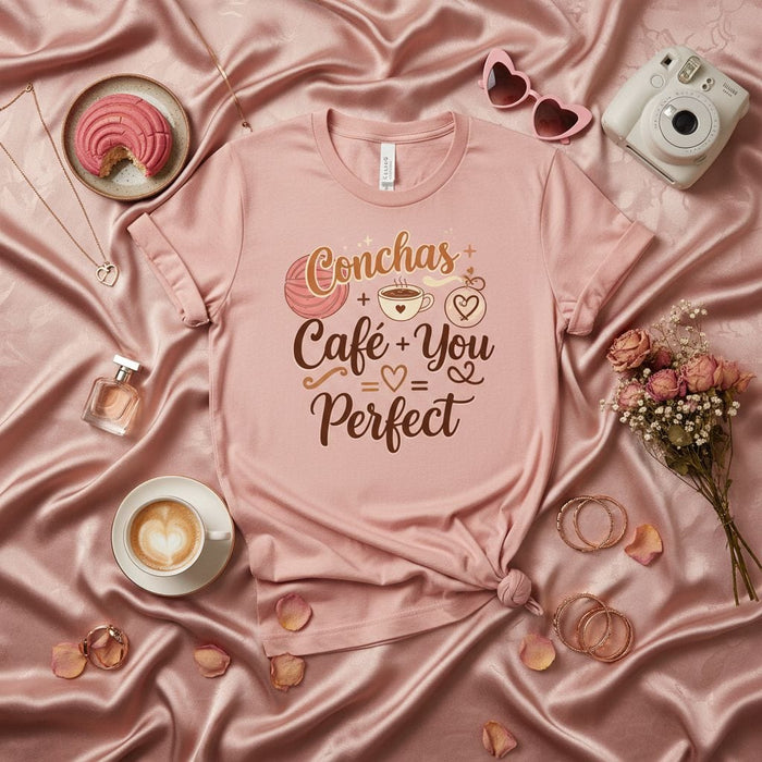 Conchas + Café + You = Perfect T-Shirt, Cute Pink Mexican Pan Dulce Concha and Coffee Lover Tee, Spanish Foodie Shirt, Gift for Her Mexicada