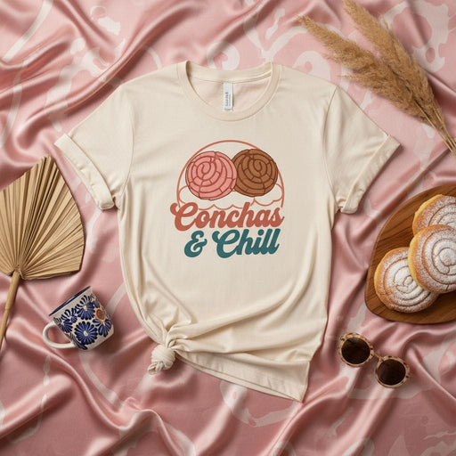 Conchas & Chill Shirt, Mexican Concha Pan Dulce T-Shirt, Pastel Pink and Brown Conchas Bakery Tee, Unisex Hispanic Food Lover Gift, Retro Dessert Lover Apparel, Soft Cream Aesthetic Clothing Mexicada