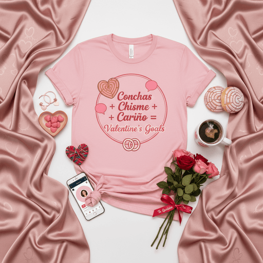 Conchas + Chisme + Cariño = Valentine's Goals Pink Unisex T-Shirt, Sweet Spanish Quote Tee, Latina Valentine's Day Shirt, Pan Dulce Concha Lover Gift, Best Friends Love Shirt Mexicada