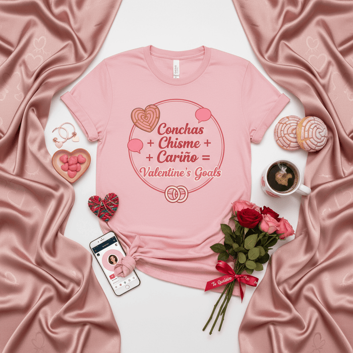 Conchas + Chisme + Cariño = Valentine's Goals Pink Unisex T-Shirt, Sweet Spanish Quote Tee, Latina Valentine's Day Shirt, Pan Dulce Concha Lover Gift, Best Friends Love Shirt Mexicada