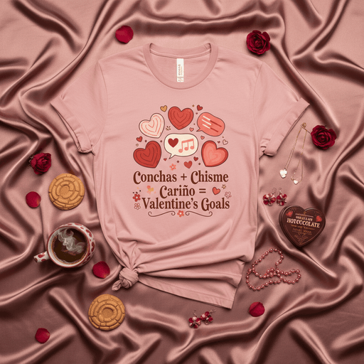 Conchas + Chisme + Cariño = Valentine's Goals Pink Unisex T-Shirt with Hearts and Music Note for Latina Culture Valentine's Day Gift Mexicada