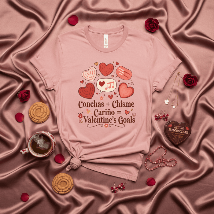 Conchas + Chisme + Cariño = Valentine's Goals Pink Unisex T-Shirt with Hearts and Music Note for Latina Culture Valentine's Day Gift Mexicada