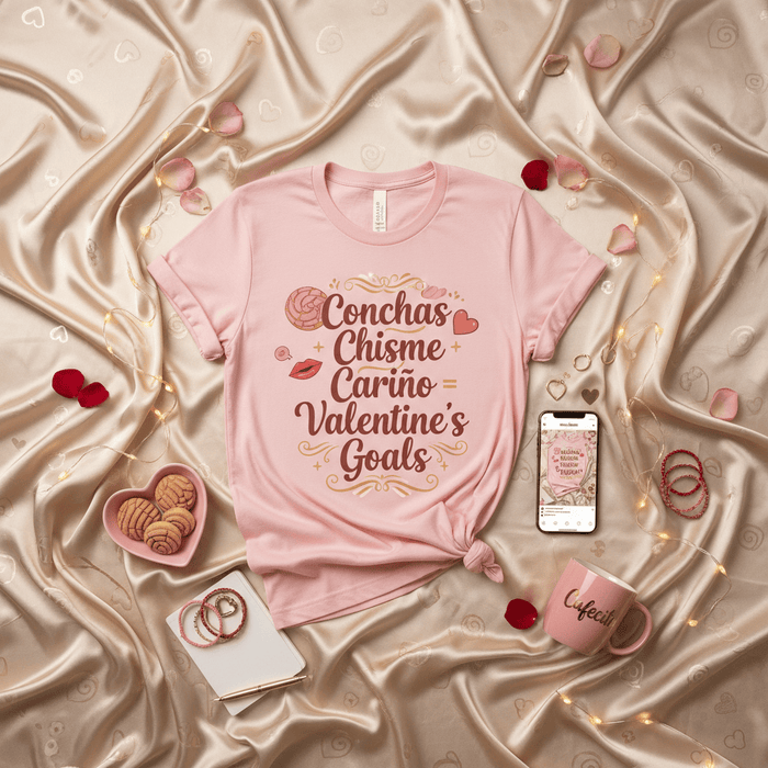 Conchas Chisme Cariño Valentine's Goals T-Shirt, Cute Pink Valentine's Day Unisex Shirt, Mexican Pan Dulce Love Tee, Funny Latina Galentine Gift for Her Mexicada