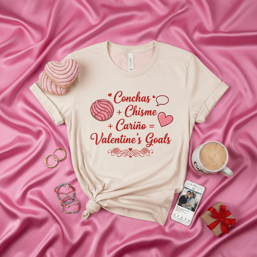 Conchas + Chisme + Cariño = Valentine's Goals T-shirt, Funny Spanish Valentine's Day Shirt, Cute Concha Pan Dulce Lover Tee, Latina Gift, Hispanic Heritage Love Shirt Mexicada