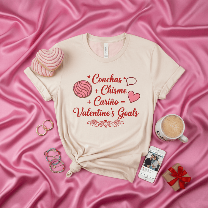 Conchas + Chisme + Cariño = Valentine's Goals T-shirt, Funny Spanish Valentine's Day Shirt, Cute Concha Pan Dulce Lover Tee, Latina Gift, Hispanic Heritage Love Shirt Mexicada