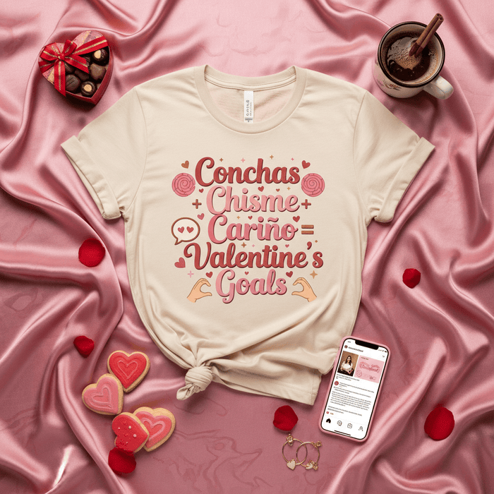 Conchas Chisme Cariño Valentine's Goals T-Shirt, Spanish-English Mix Tee, Latina Valentine's Day Shirt, Funny Valentine Gift, Cute Pink and Red Graphic Tee, Unisex Fit. Mexicada