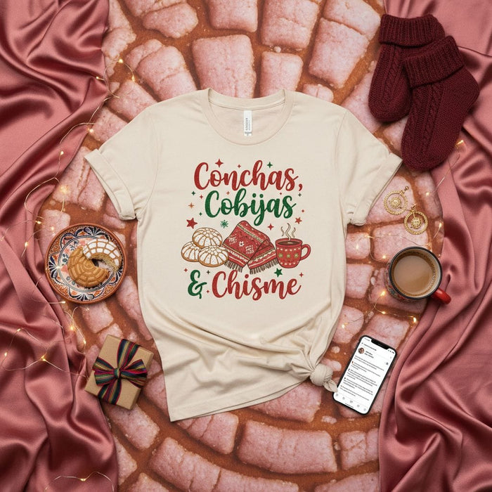 Conchas Cobijas Chisme Shirt, Cozy Mexican Winter Christmas T-Shirt, Pan Dulce Hot Chocolate Blanket Latina Gift, Holiday Fiesta Unisex Tee. Mexicada