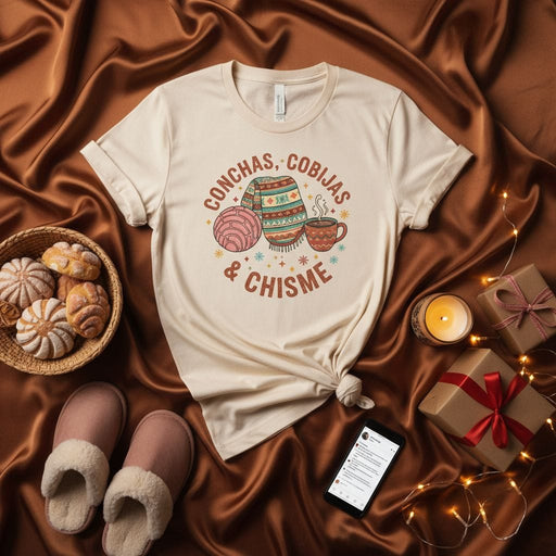 Conchas Cobijas Chisme T-Shirt, Latinx Food Comfort Cozy Season Unisex Tee, Pan Dulce Sweater Hot Cocoa Design Shirt, Spanish Wordplay Top Mexicada