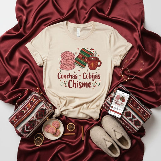 Conchas Cobijas Chisme T-Shirt Latinx Pan Dulce Hot Chocolate Serape Blanket Cozy Winter Holiday Tee Mexicada