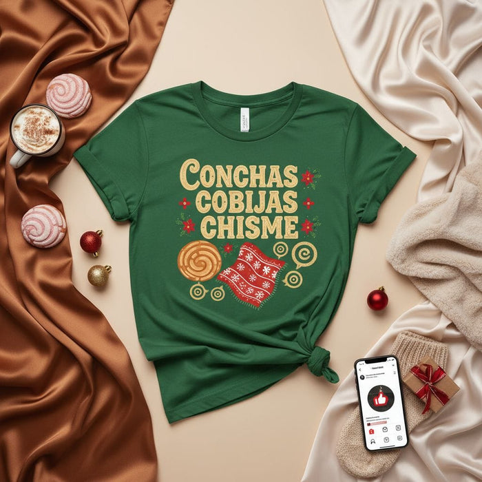 Conchas Cobijas Chisme T-Shirt, Mexican Pan Dulce, Blanket, and Gossip Christmas Tee, Hispanic Holiday Shirt, Cozy Winter Spanish Saying Graphic Top, Funny Latina Gift Idea Mexicada