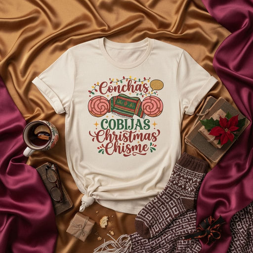Conchas Cobijas Christmas Chisme Shirt, Festive Pan Dulce and Blanket Theme T-Shirt, Latinx Christmas Holiday T-Shirt, Unisex Gift Idea for Concha Lovers and Family Gossip Mexicada