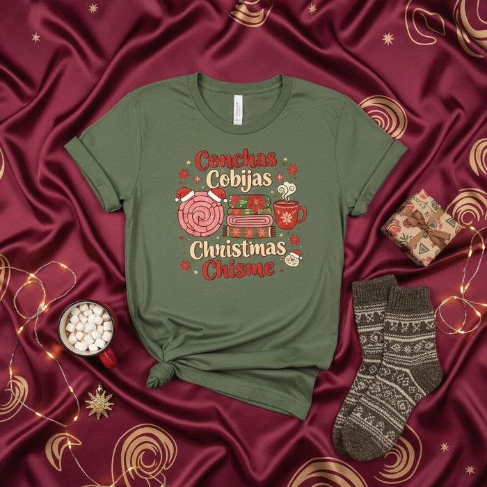 Conchas Cobijas Christmas Chisme Shirt, Funny Latina Christmas PJs, Pan Dulce Concha Blanket Hot Cocoa Chismosa Holiday Unisex T-Shirt Gift Mexicada