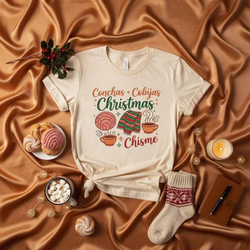 Conchas Cobijas Christmas Chisme T-Shirt Unisex, Cozy Winter Mexican Spanish Concha Bread Blanket Hot Chocolate Tee, Holiday Family Gathering Gift Shirt Mexicada