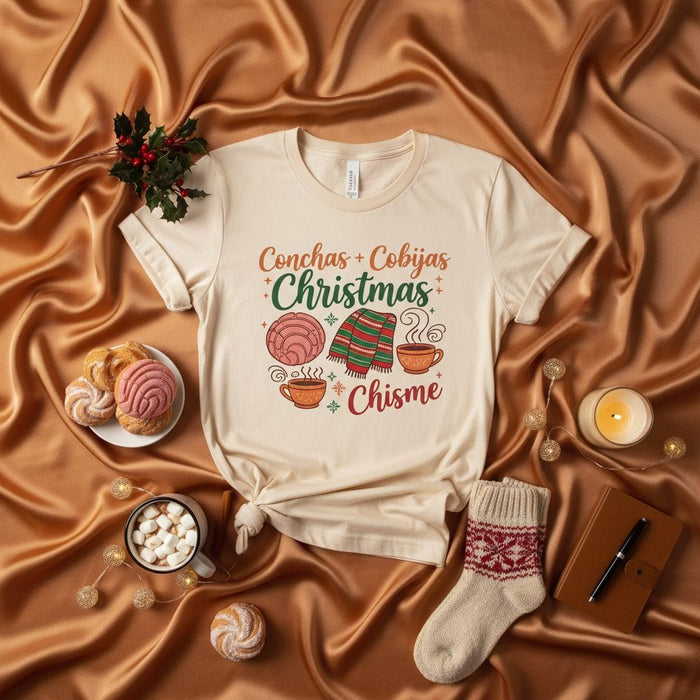 Conchas Cobijas Christmas Chisme T-Shirt Unisex, Cozy Winter Mexican Spanish Concha Bread Blanket Hot Chocolate Tee, Holiday Family Gathering Gift Shirt Mexicada