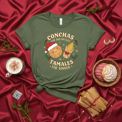 Conchas for Breakfast Tamales for Dinner Christmas Shirt, Funny Mexican Food Xmas Holiday Tee with Pan Dulce and Tamale Graphic, Festive Unisex Gift for Latina Latino Amigos Mexicada