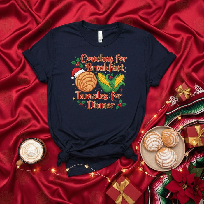 Conchas for Breakfast Tamales for Dinner Shirt, Funny Christmas Mexican Food Tee, Holiday Panderia Concha and Tamal T-Shirt, Fiesta Family Xmas Gift, Unisex Spanish Language Apparel Mexicada