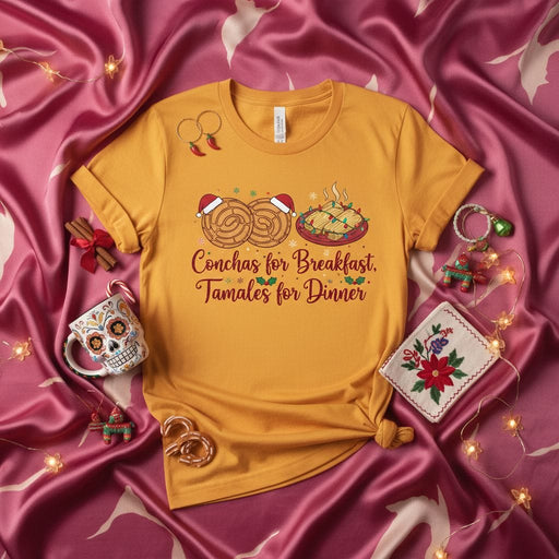 Conchas for Breakfast, Tamales for Dinner T-Shirt, Mexican Food Christmas Shirt, Holiday Pastry and Tamale Fiesta Tee, Funny Concha and Tamal Lover Gift Idea Mexicada