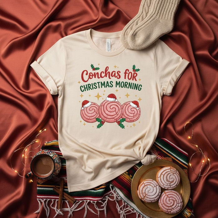 Conchas for Christmas Morning Shirt, Santa Hat Mexican Sweet Bread T-Shirt, Pastelito Pan Dulce Navidad Holiday Tee, Hispanic Food Lover Gift Mexicada