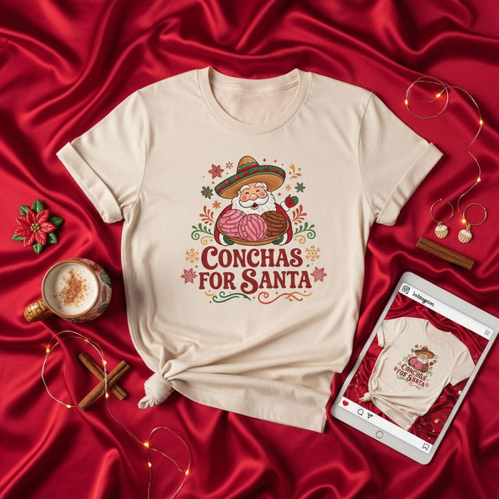 Conchas For Santa T-Shirt, Funny Mexican Christmas Pan Dulce Tee, Santa Sombrero Fiesta Holiday Shirt, Cute Hispanic Food Lover Gift, Navidad Bakery Top Mexicada