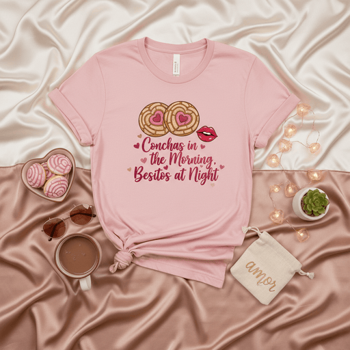 Conchas in the Morning Besitos at Night T-Shirt, Cute Mexican Concha Pan Dulce Shirt, Valentine's Day Latinx Love Shirt, Pink Unisex Tee, Foodie Gift for Her, Spanish Pun Shirt Mexicada