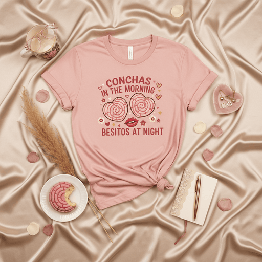 Conchas In The Morning Besitos At Night T-Shirt, Cute Mexican Sweet Bread Heart Pan Dulce Lovers Shirt, Funny Latina Besos Tee Gift for Her Mexicada