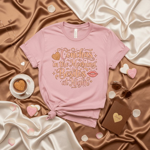 Conchas in the Morning Besitos at Night T-Shirt, Cute Mexican Sweet Bread Tee, Pink Concha Shirt, Hispanic Heritage Apparel, Pan Dulce Lover Gift, Retro Latina Shirt Mexicada